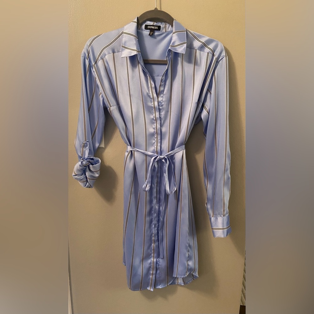 Express Light Blue Satin Striped Shirt dress